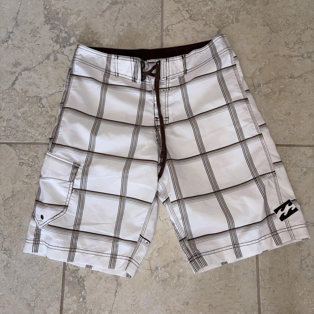 Billabong Men's Board Shorts White Gray Plaid Brown Graphic Swim Trunks Surf